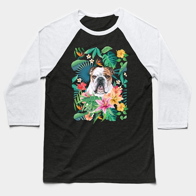 Tropical Brindle English Bulldog 2 Baseball T-Shirt by LulululuPainting